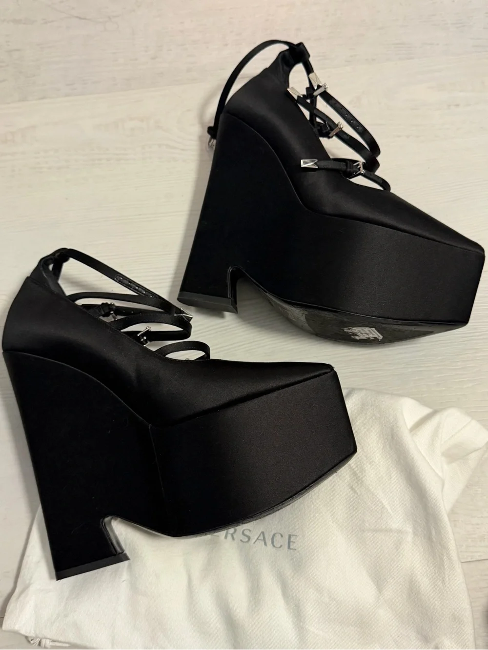 Versace Black Satin Platform Wedge Heels with Ankle Straps